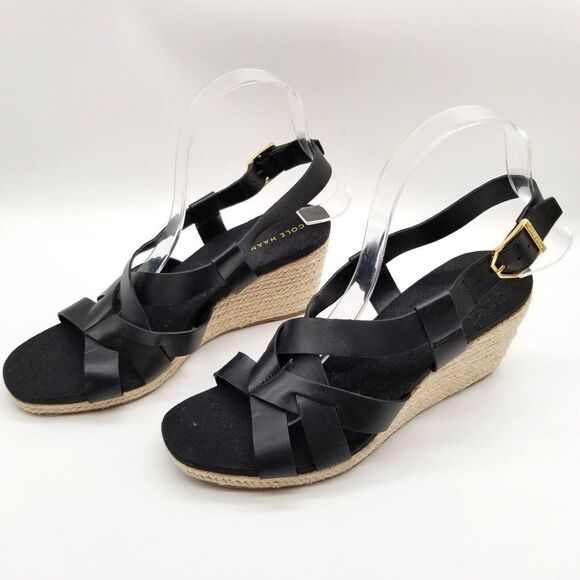 Cole Haan Women Jamie Block Heel Strappy Sandals Size 7.5 B Black Leather - Picture 1 of 9
